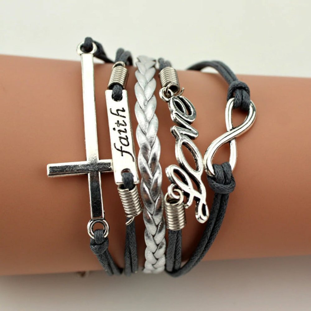 Cross, Infinity, Faith, Love Bracelet-Grey Wax Cord and Silver Braid Br…‎